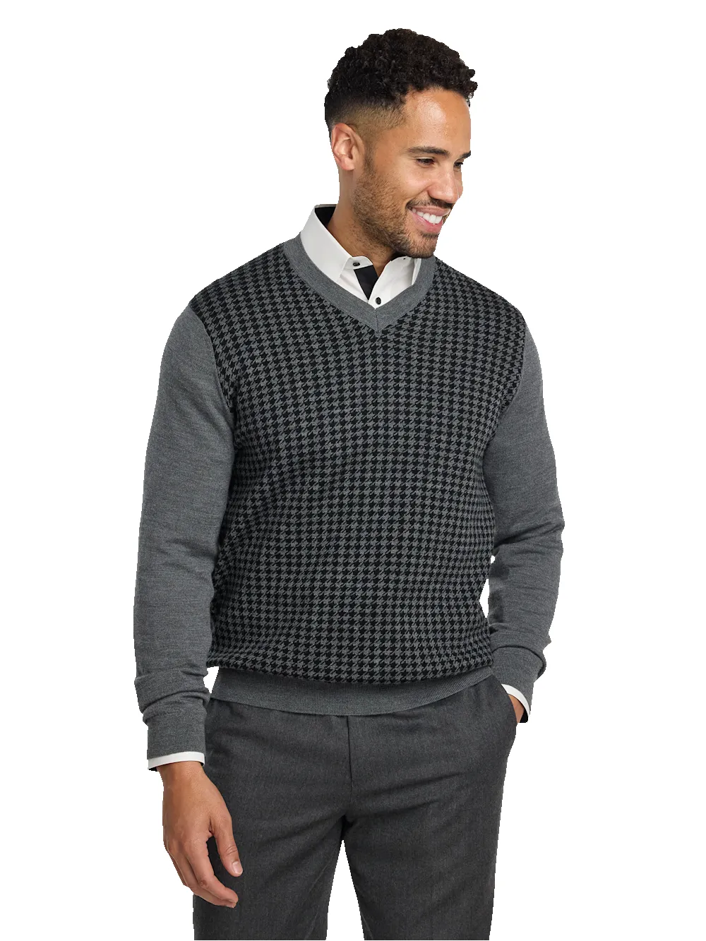 Washable Merino Wool Houndstooth V-neck Sweater - Black/grey sold by Paul Fredrick product image thumbnail 2