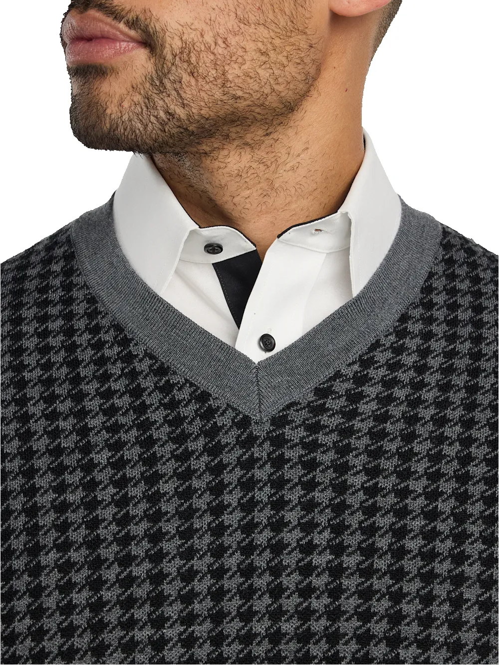 Washable Merino Wool Houndstooth V-neck Sweater - Black/grey sold by Paul Fredrick product image thumbnail 3