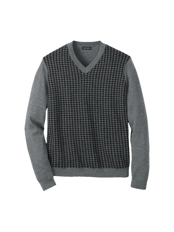 Washable Merino Wool Houndstooth V-neck Sweater - Black/grey sold by Paul Fredrick