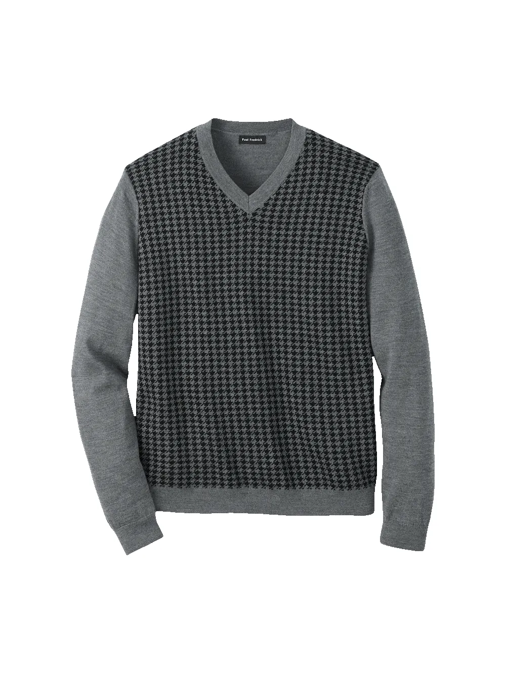 Washable Merino Wool Houndstooth V-neck Sweater - Black/grey sold by Paul Fredrick
