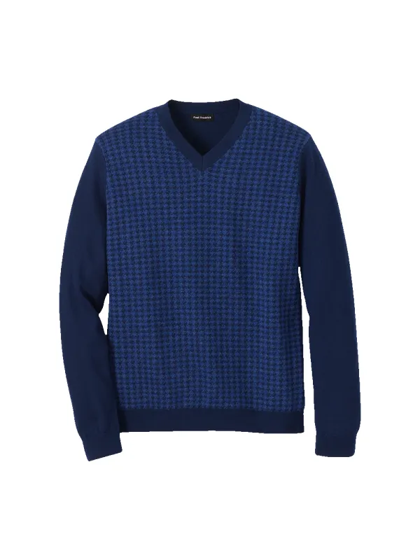 Washable Merino Wool Houndstooth V-neck Sweater - Blue sold by Paul Fredrick