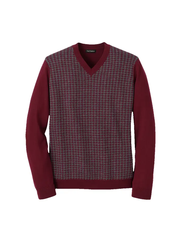 Washable Merino Wool Houndstooth V-neck Sweater - Burgundy sold by Paul Fredrick