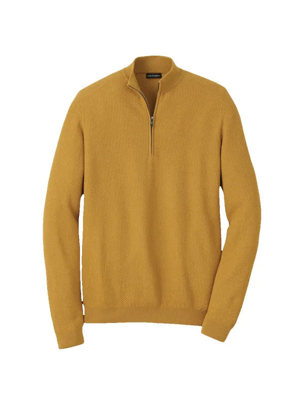 Silk Cotton Cashmere Quarter Zip Mock Neck Sweater - Gold sold by Paul Fredrick