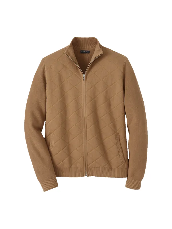 Cotton Full Zip Mock Neck Sweater Jacket - Camel sold by Paul Fredrick