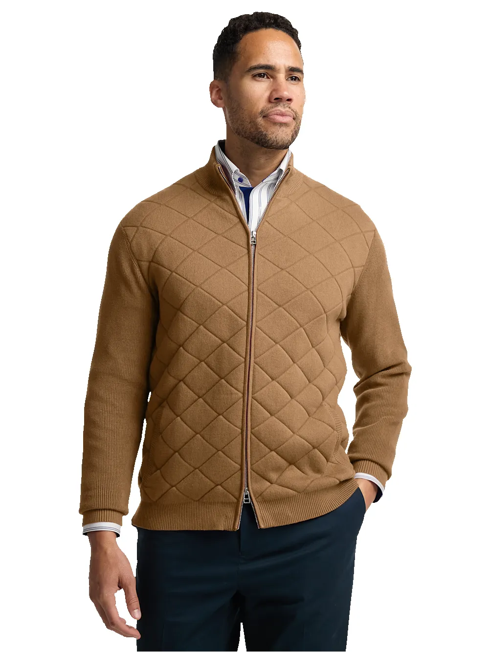 Cotton Full Zip Mock Neck Sweater Jacket - Camel sold by Paul Fredrick product image thumbnail 2