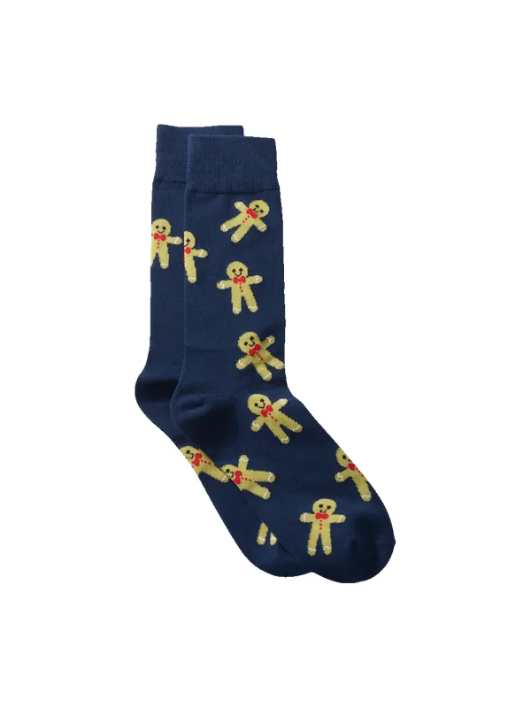 Gingerbread Cookie Motif Cotton Blend Sock - Navy/tan sold by Paul Fredrick