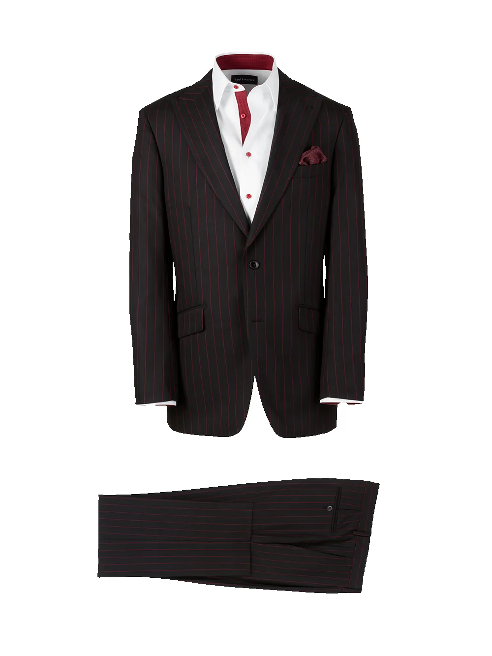 Wool Stretch Stripe Single Breasted Peak Lapel Suit - Black/red sold by Paul Fredrick