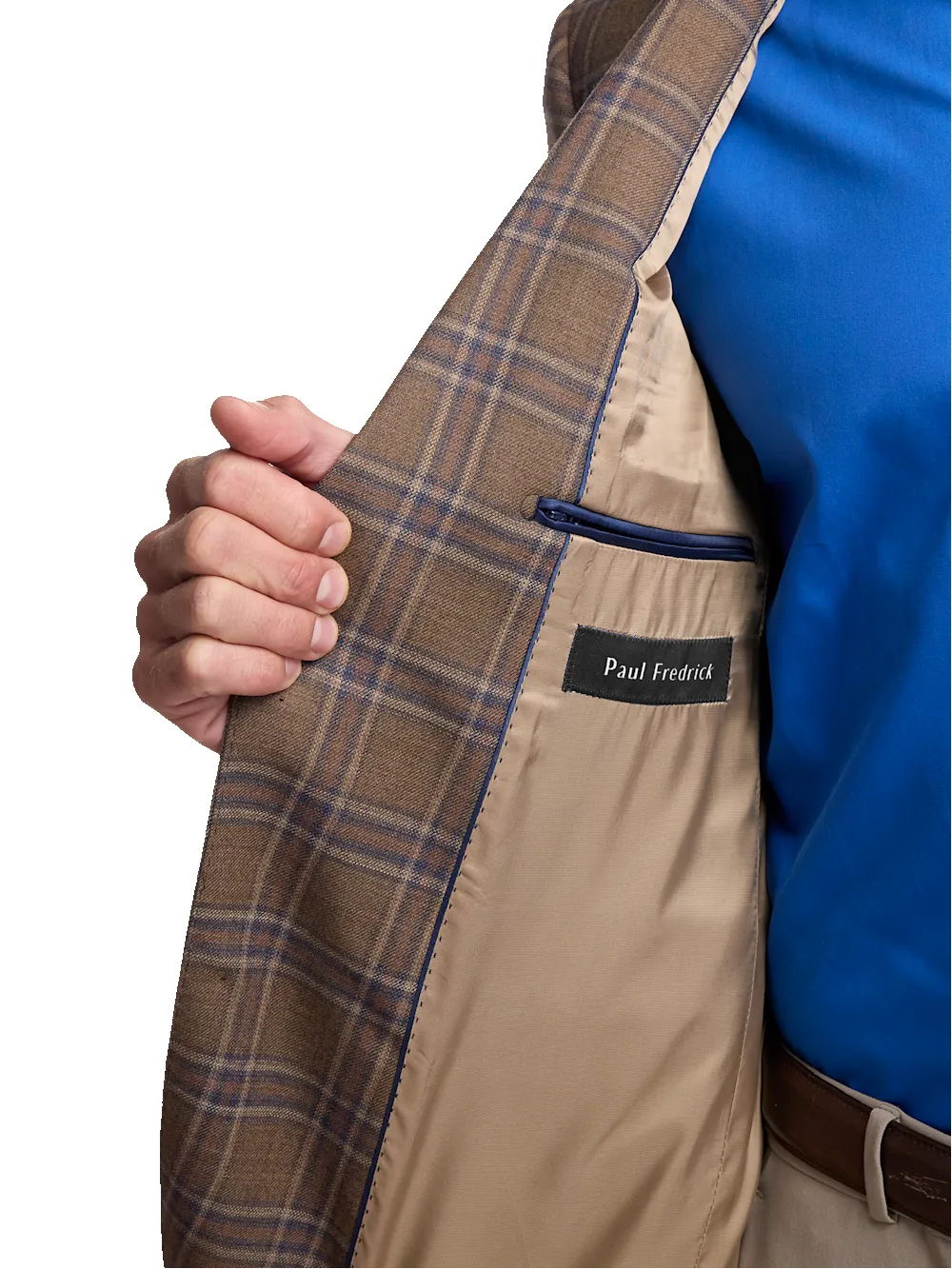 Wool Windowpane Single Breasted Notch Lapel Sport Coat - Tan/blue sold by Paul Fredrick product image thumbnail 5