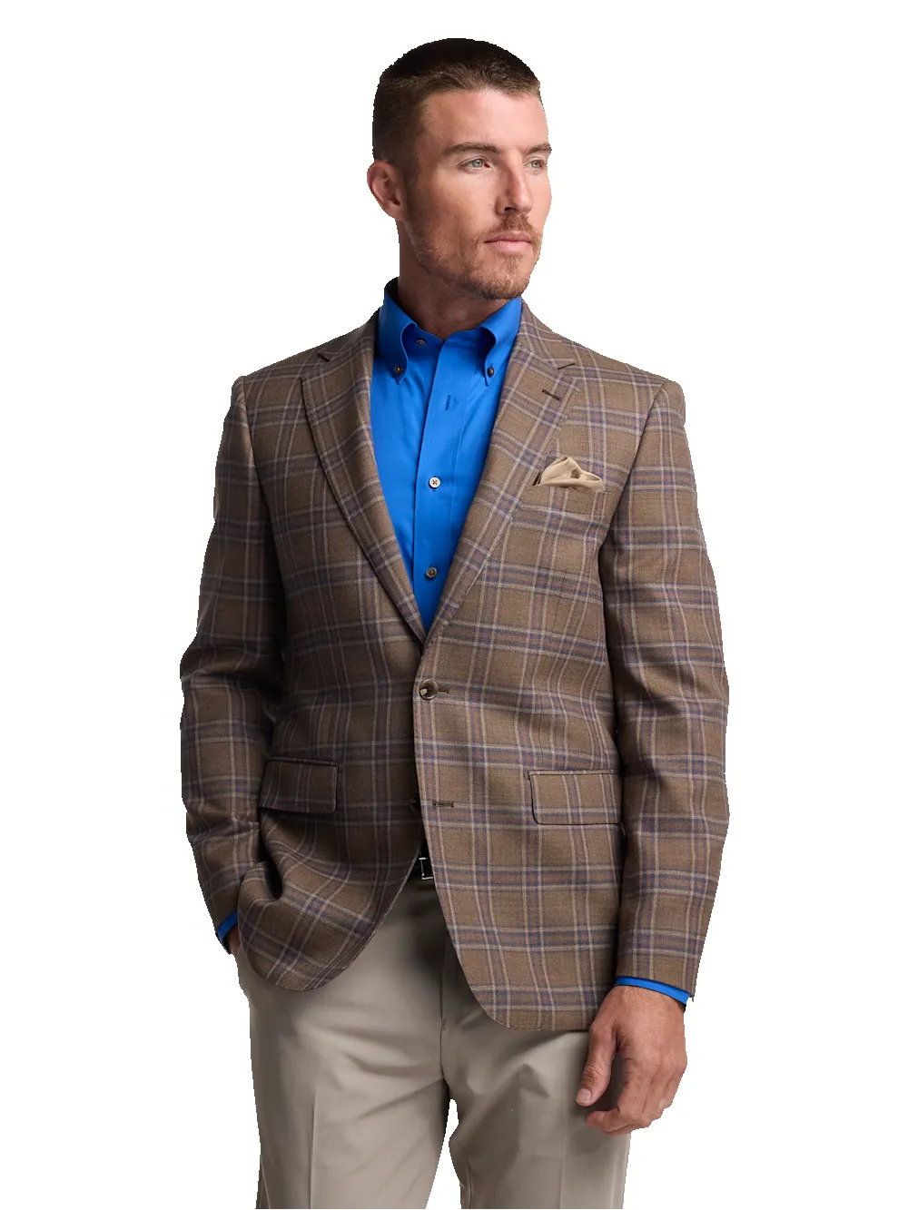 Wool Windowpane Single Breasted Notch Lapel Sport Coat - Tan/blue sold by Paul Fredrick product image thumbnail 2
