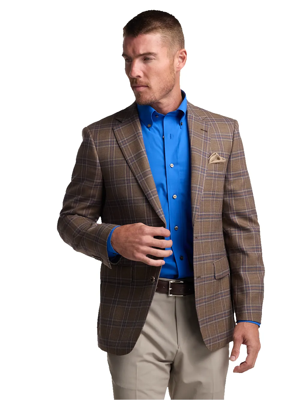 Wool Windowpane Single Breasted Notch Lapel Sport Coat - Tan/blue sold by Paul Fredrick product image thumbnail 3