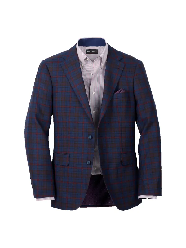 Wool Plaid Single Breasted Notch Lapel Sport Coat - Blue/burgundy sold by Paul Fredrick