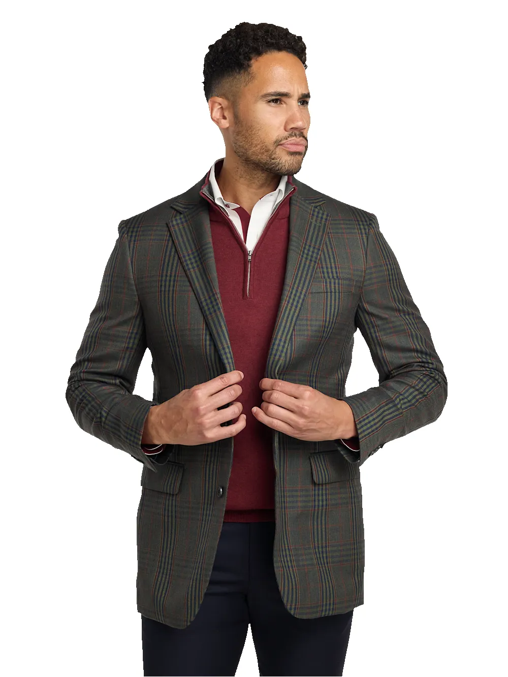 Wool Blend Plaid Single Breasted Notch Lapel Sport Coat - Green/blue sold by Paul Fredrick product image thumbnail 3