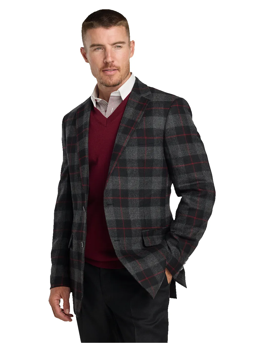 Wool Blend Plaid Single Breasted Notch Lapel Sport Coat - Black/grey sold by Paul Fredrick product image thumbnail 3
