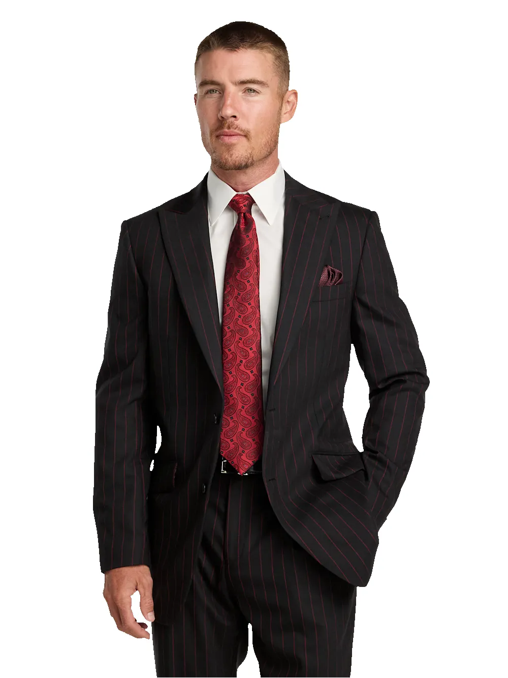 Wool Stretch Stripe Single Breated Peak Lapel Suit Jacket - Black/red sold by Paul Fredrick product image thumbnail 2