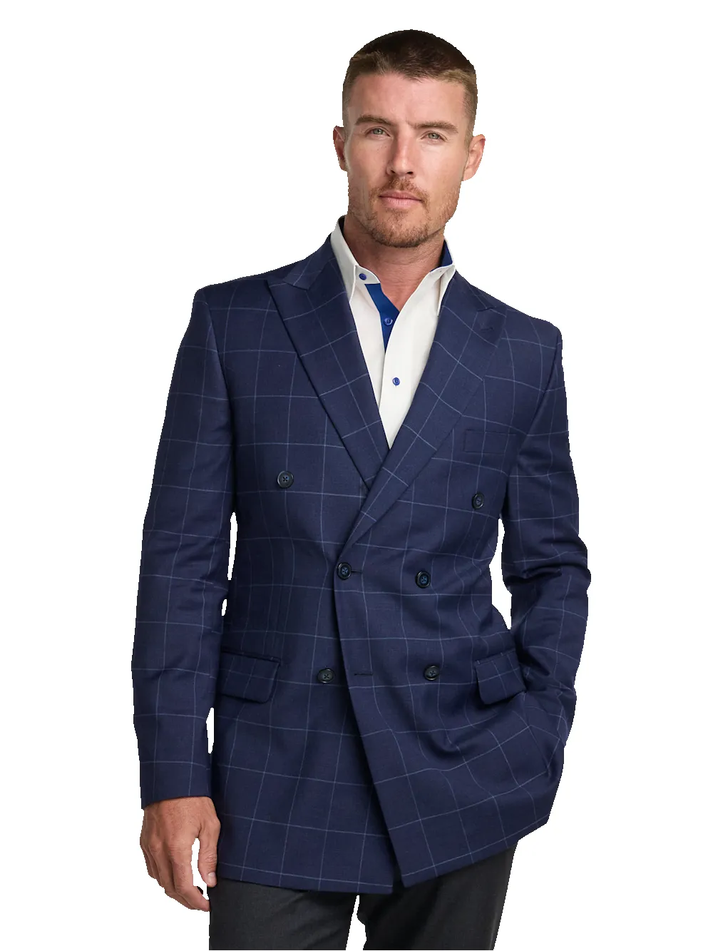 Wool Blend Windowpane Double Breasted Peak Lapel Sport Coat - Blue sold by Paul Fredrick product image thumbnail 2