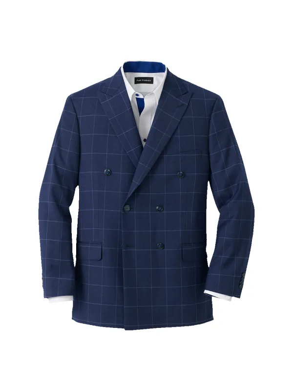 Wool Blend Windowpane Double Breasted Peak Lapel Sport Coat - Blue sold by Paul Fredrick