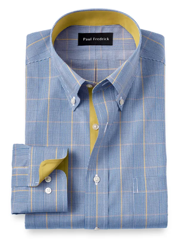 Non-Iron Cotton Glen Plaid Dress Shirt With Contrast Trim - Navy/gold sold by Paul Fredrick
