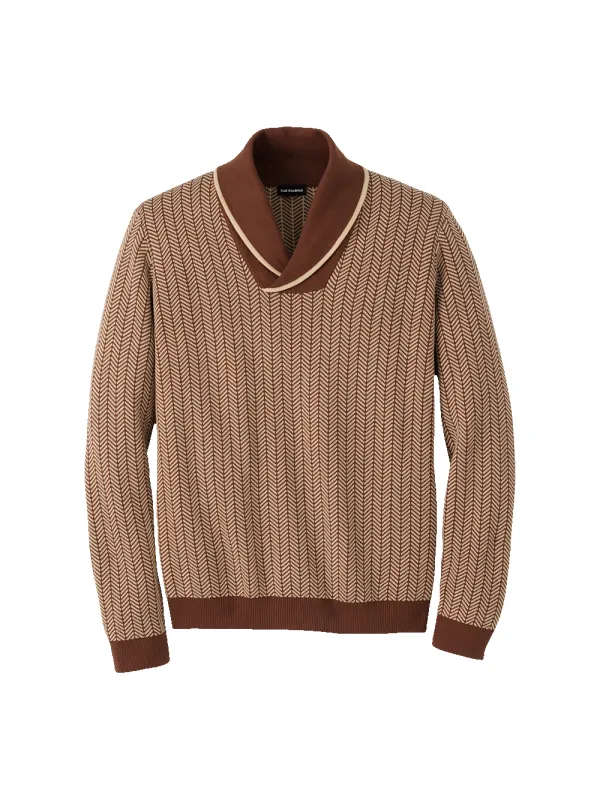 Cotton Shawl Collar Pull Over Sweater - Ivory/brown sold by Paul Fredrick