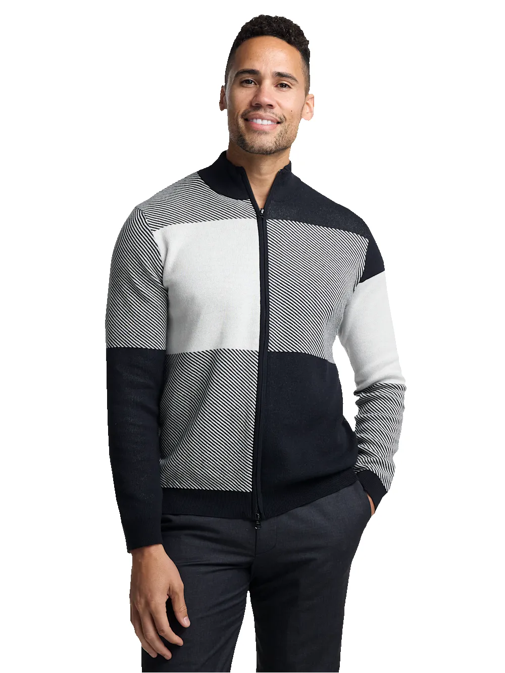 Cotton Full Zip Mock Neck Sweater - Black/white Glen Plaid sold by Paul Fredrick product image thumbnail 2
