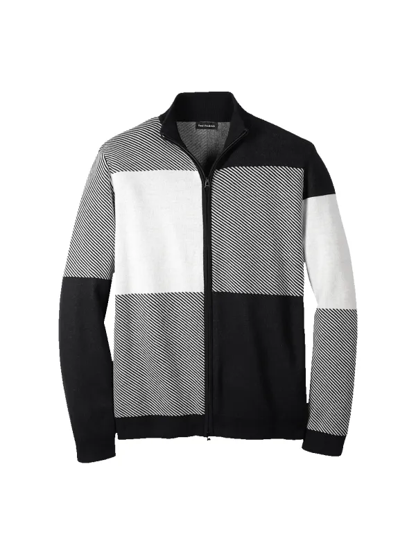 Cotton Full Zip Mock Neck Sweater - Black/white Glen Plaid sold by Paul Fredrick