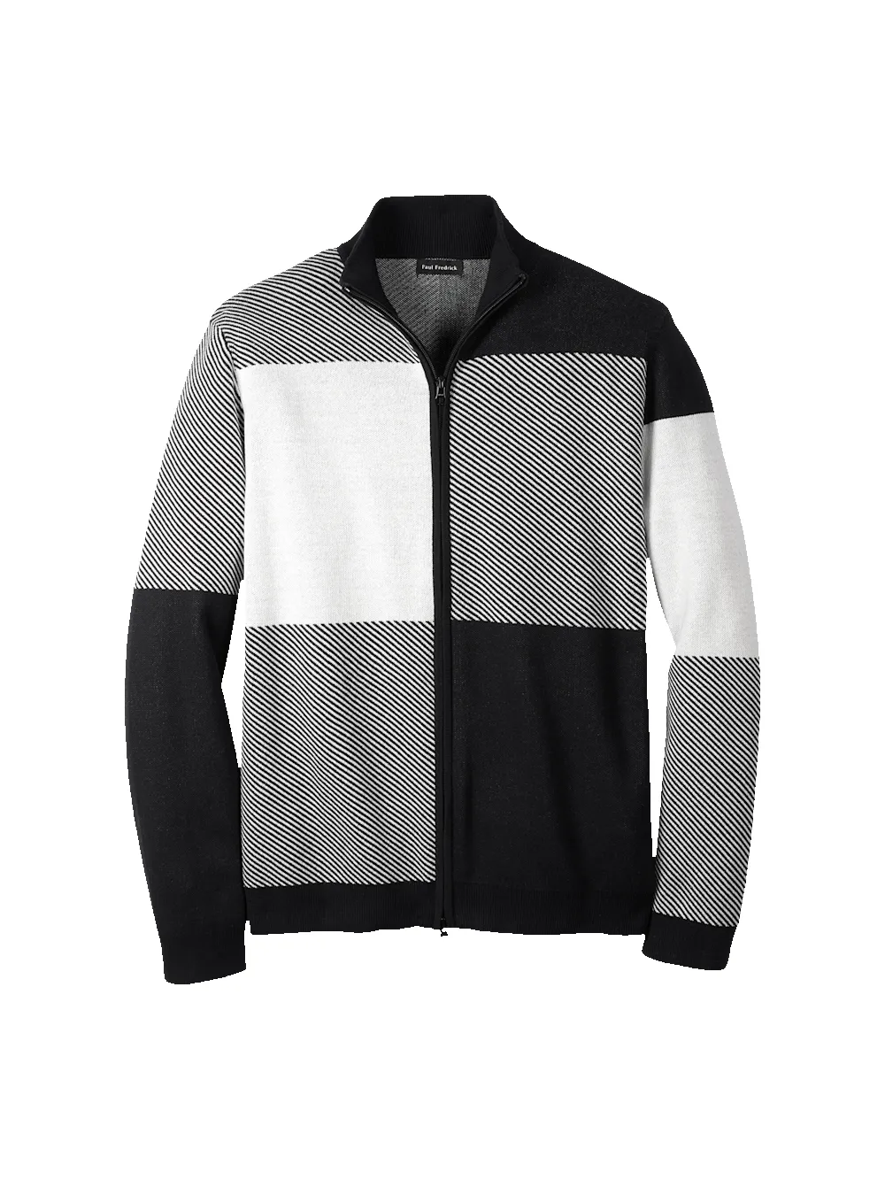 Cotton Full Zip Mock Neck Sweater - Black/white Glen Plaid sold by Paul Fredrick