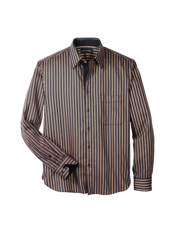 Cotton Stripe Point Collar Casual Shirt - Brown/black sold by Paul Fredrick