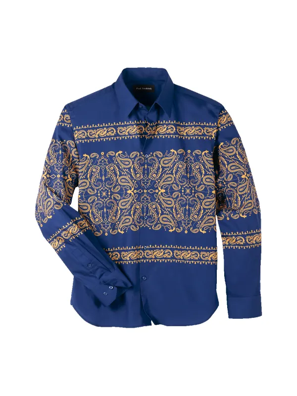Cotton Paisley Point Collar Casual Shirt - Blue/gold sold by Paul Fredrick