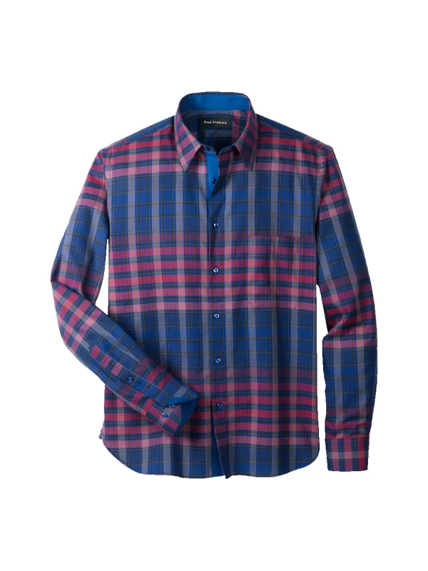 Cotton Plaid Point Collar Casual Shirt - Blue/burgundy sold by Paul Fredrick
