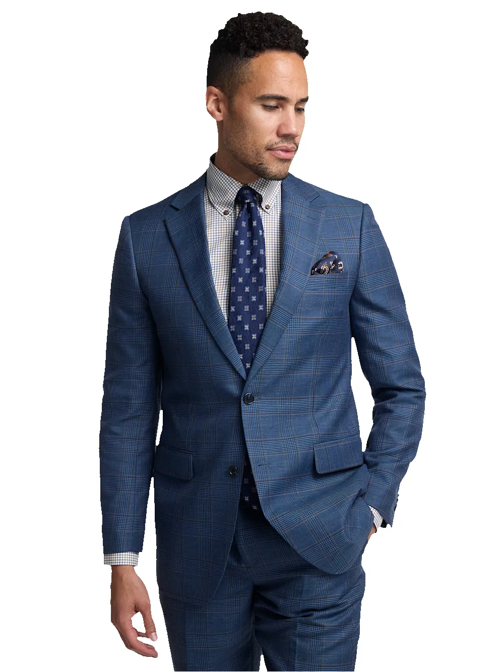 Blue/Tan Wool Blend Plaid Single Breasted Notch Lapel Suit Jacket - Blue/tan sold by Paul Fredrick product image thumbnail 2