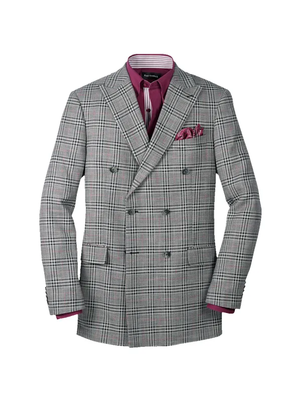 Black White Cotton Blend Plaid Double Breasted Peak Lapel Sport Coat - Black/white sold by Paul Fredrick
