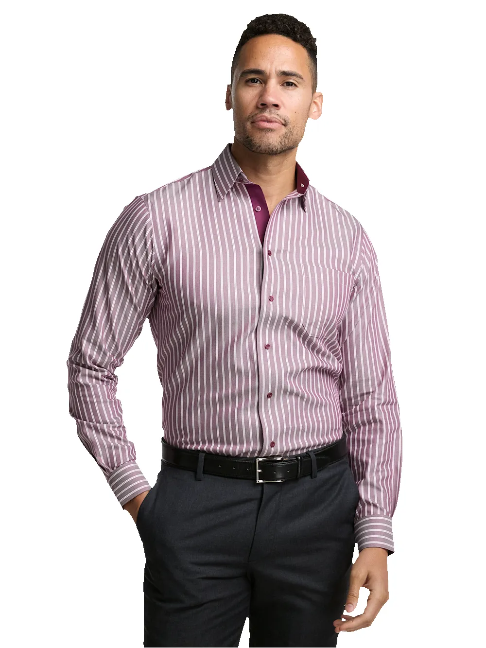 Comfort Stretch Non-Iron Stripe Dress Shirt With Contrast Trim - Burgundy sold by Paul Fredrick product image thumbnail 2