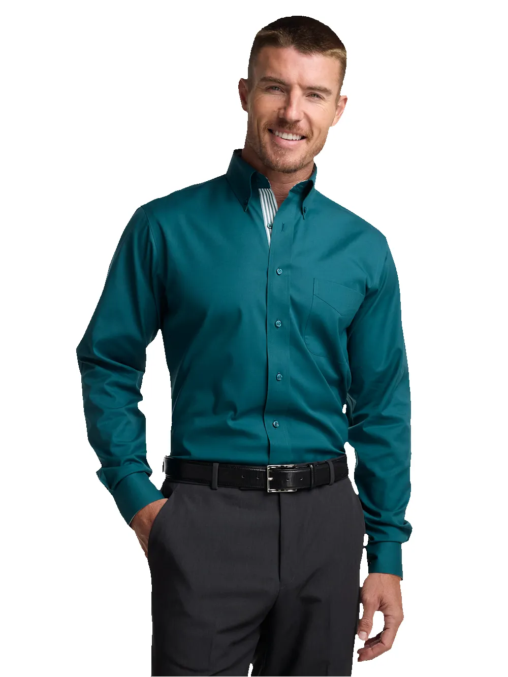 Comfort Stretch Non-Iron Solid Dress Shirt With Contrast Trim - Dark Teal sold by Paul Fredrick product image thumbnail 2