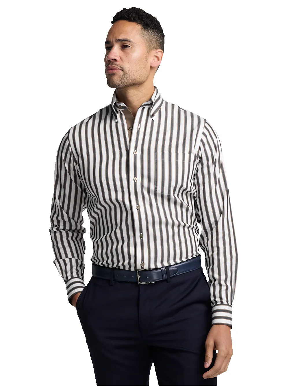 Comfort Stretch Non-Iron Stripe Dress Shirt With Contrast Trim - Brown/white sold by Paul Fredrick product image thumbnail 2
