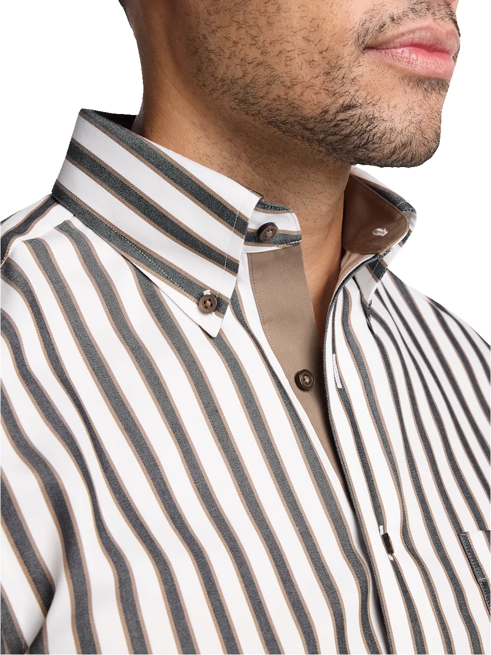 Comfort Stretch Non-Iron Stripe Dress Shirt With Contrast Trim - Brown/white sold by Paul Fredrick product image thumbnail 3
