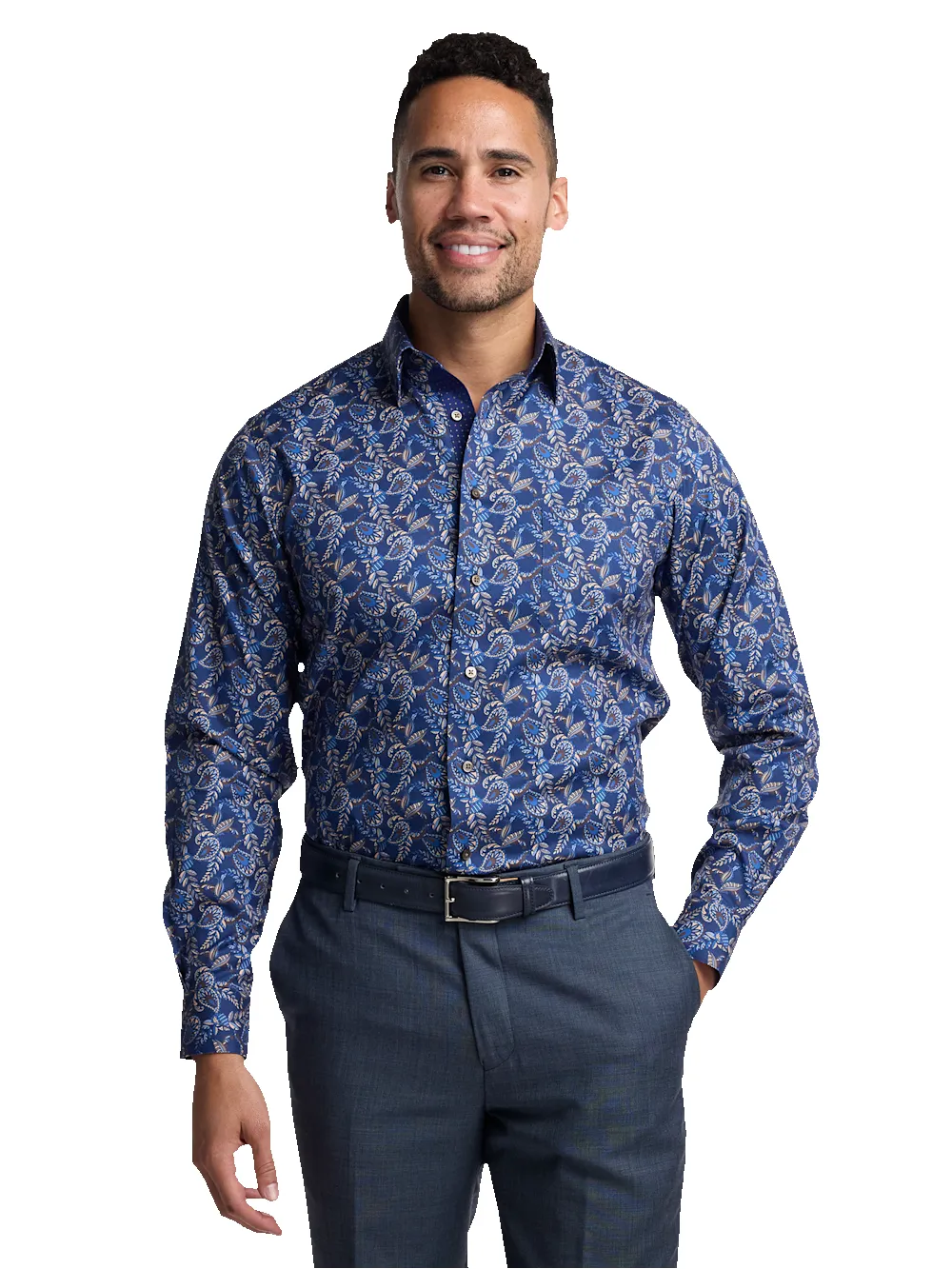 Comfort Stretch Non-Iron Paisley Dress Shirt With Contrast Trim - Navy Multi sold by Paul Fredrick product image thumbnail 2
