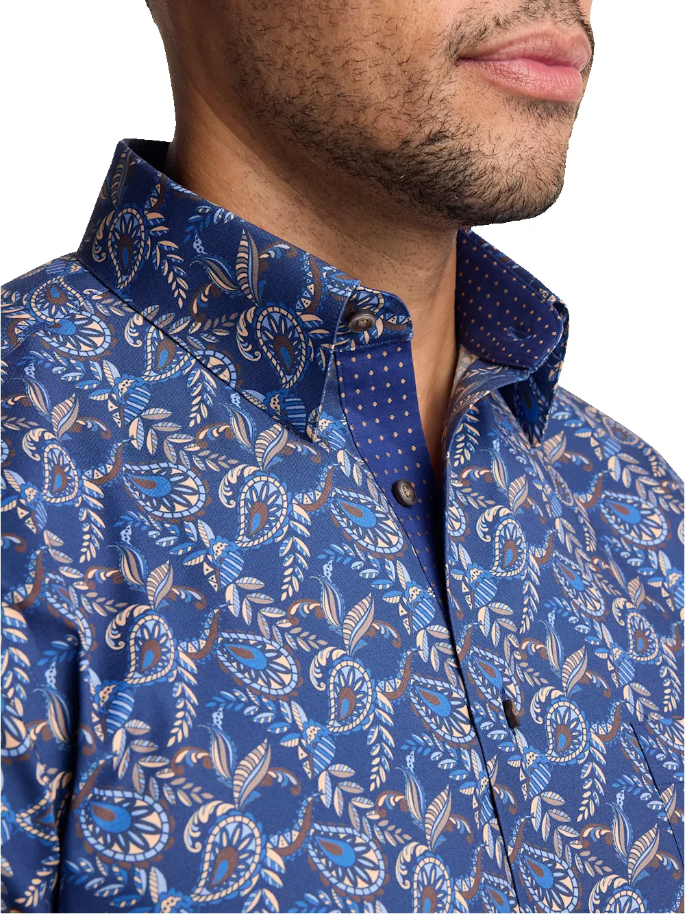 Comfort Stretch Non-Iron Paisley Dress Shirt With Contrast Trim - Navy Multi sold by Paul Fredrick product image thumbnail 3