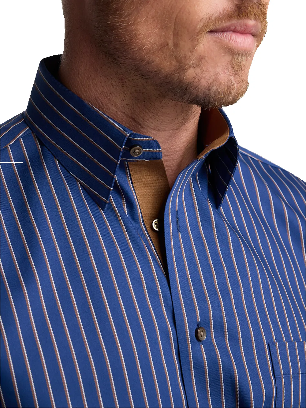 Comfort Stretch Non-Iron Stripe Dress Shirt With Contrast Trim - Navy/brown sold by Paul Fredrick product image thumbnail 3
