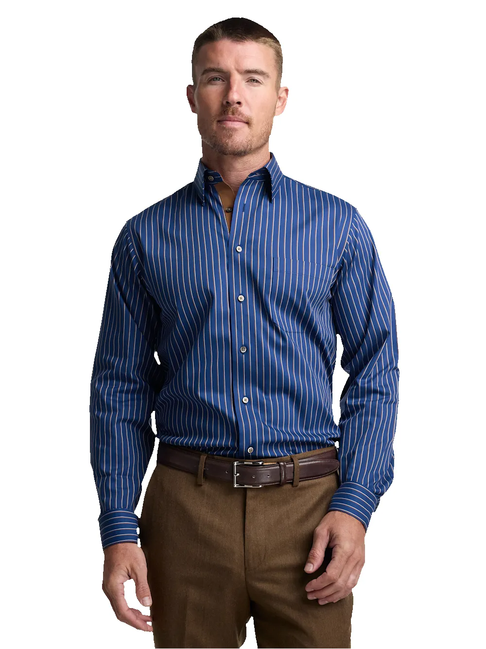 Comfort Stretch Non-Iron Stripe Dress Shirt With Contrast Trim - Navy/brown sold by Paul Fredrick product image thumbnail 2