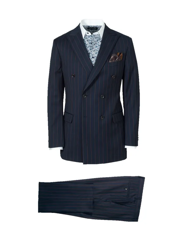 Navy/Brown Wool Stripe Double Breasted Peak Lapel Suit - Navy/brown sold by Paul Fredrick