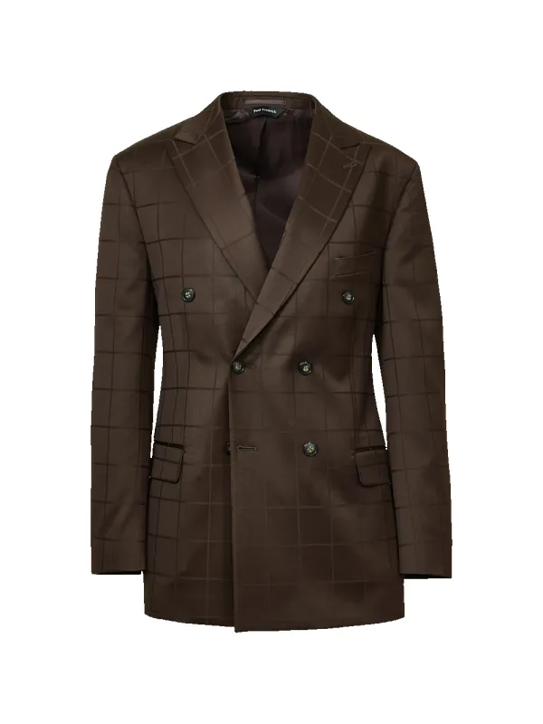 Brown Wool Windowpane Double Breasted Peak Lapel Suit Jacket - Brown made by Paul Fredrick