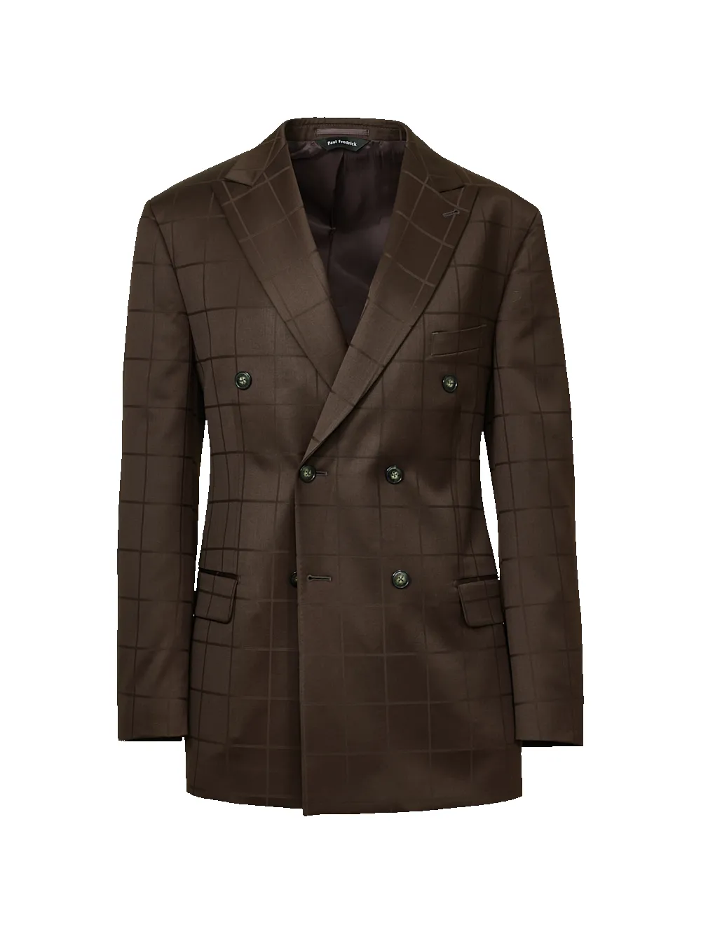Brown Wool Windowpane Double Breasted Peak Lapel Suit Jacket - Brown sold by Paul Fredrick
