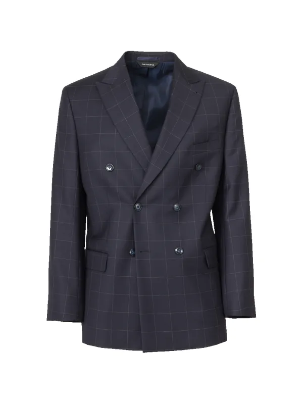 Navy Wool Windowpane Double Breasted Peak Lapel Suit Jacket - Navy sold by Paul Fredrick