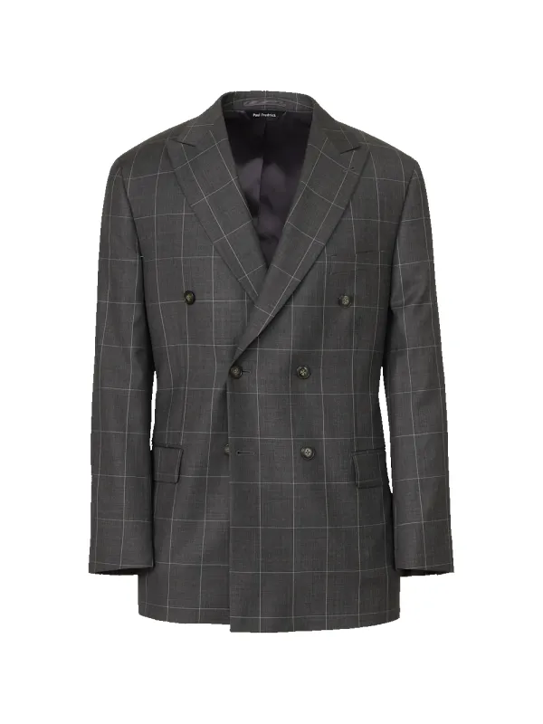 Charcoal Wool Windowpane Double Breasted Peak Lapel Suit Jacket - Charcoal sold by Paul Fredrick