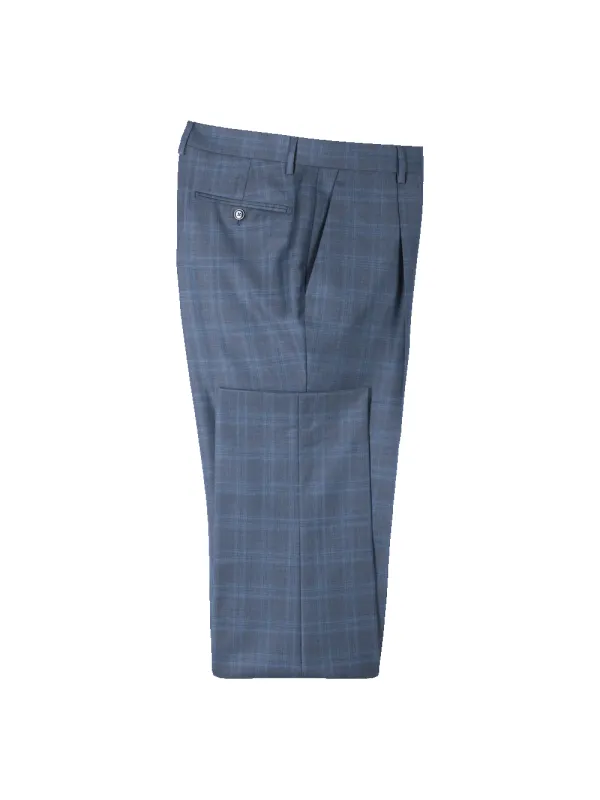 Blue Wool Glen Plaid Single Pleated Suit Pants - Blue sold by Paul Fredrick
