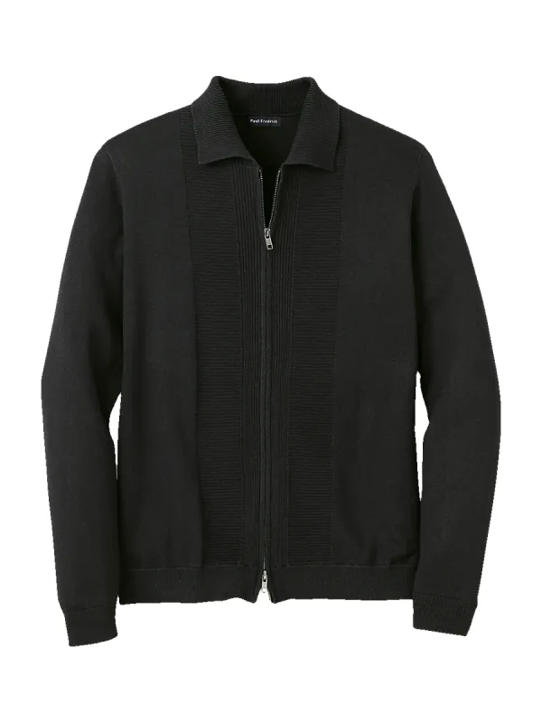 Silk, Cotton & Cashmere Full Zip Polo - Black sold by Paul Fredrick