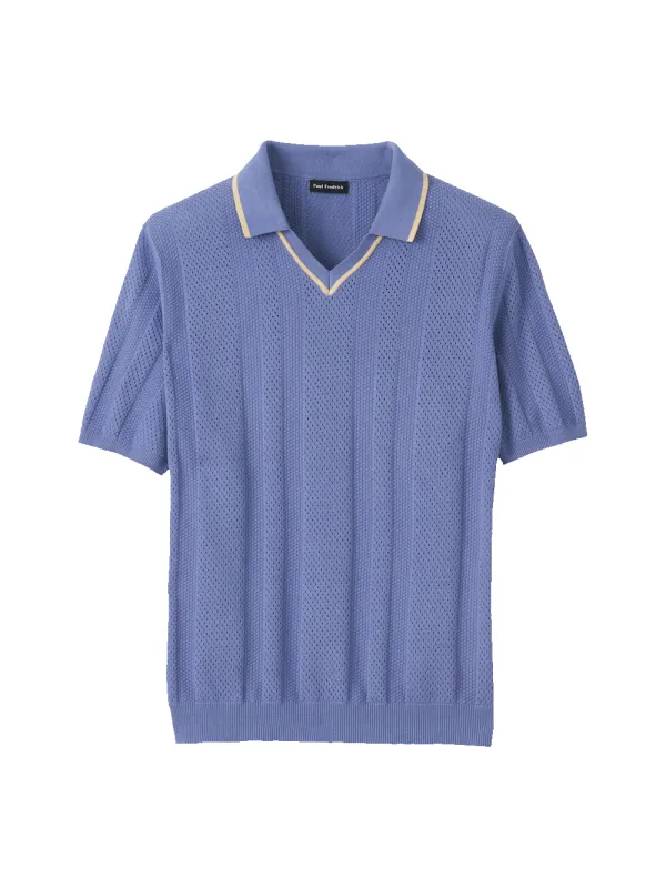 Cotton Crochet V-Neck Polo - Blue made by Paul Fredrick