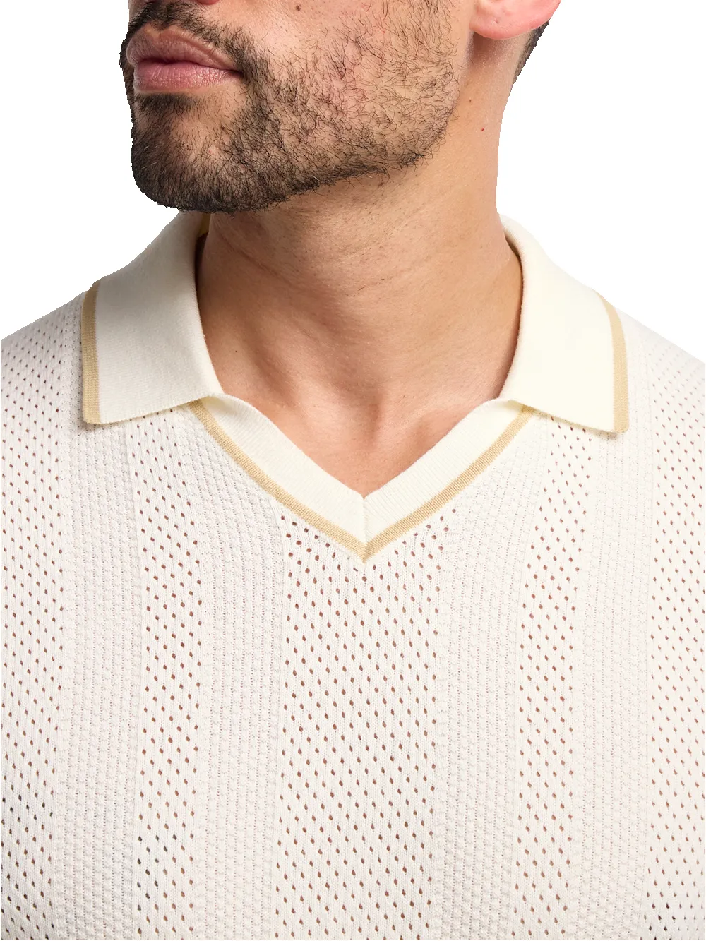 Cotton Crochet V-Neck Polo - White sold by Paul Fredrick product image thumbnail 3