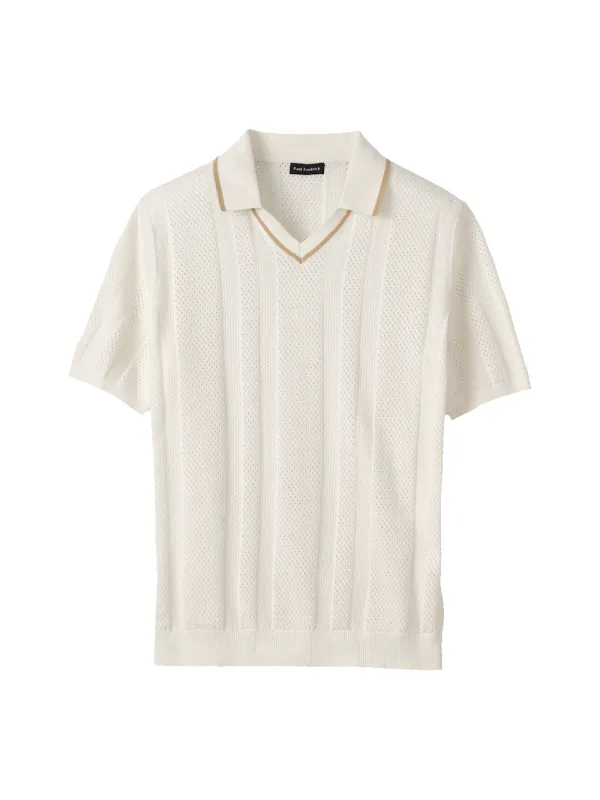 Cotton Crochet V-Neck Polo - White made by Paul Fredrick