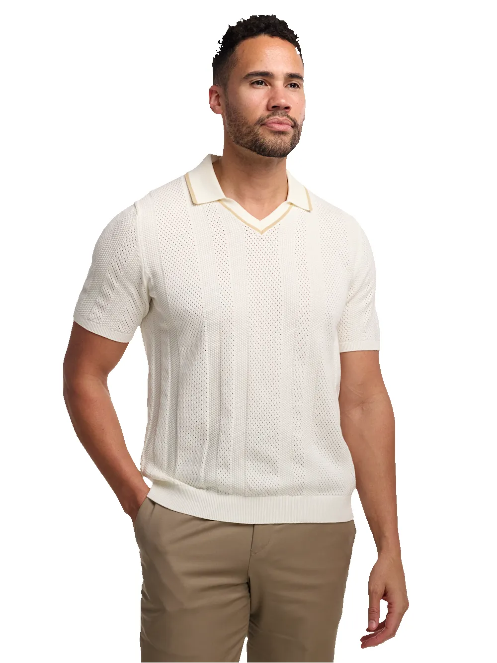 Cotton Crochet V-Neck Polo - White sold by Paul Fredrick product image thumbnail 2