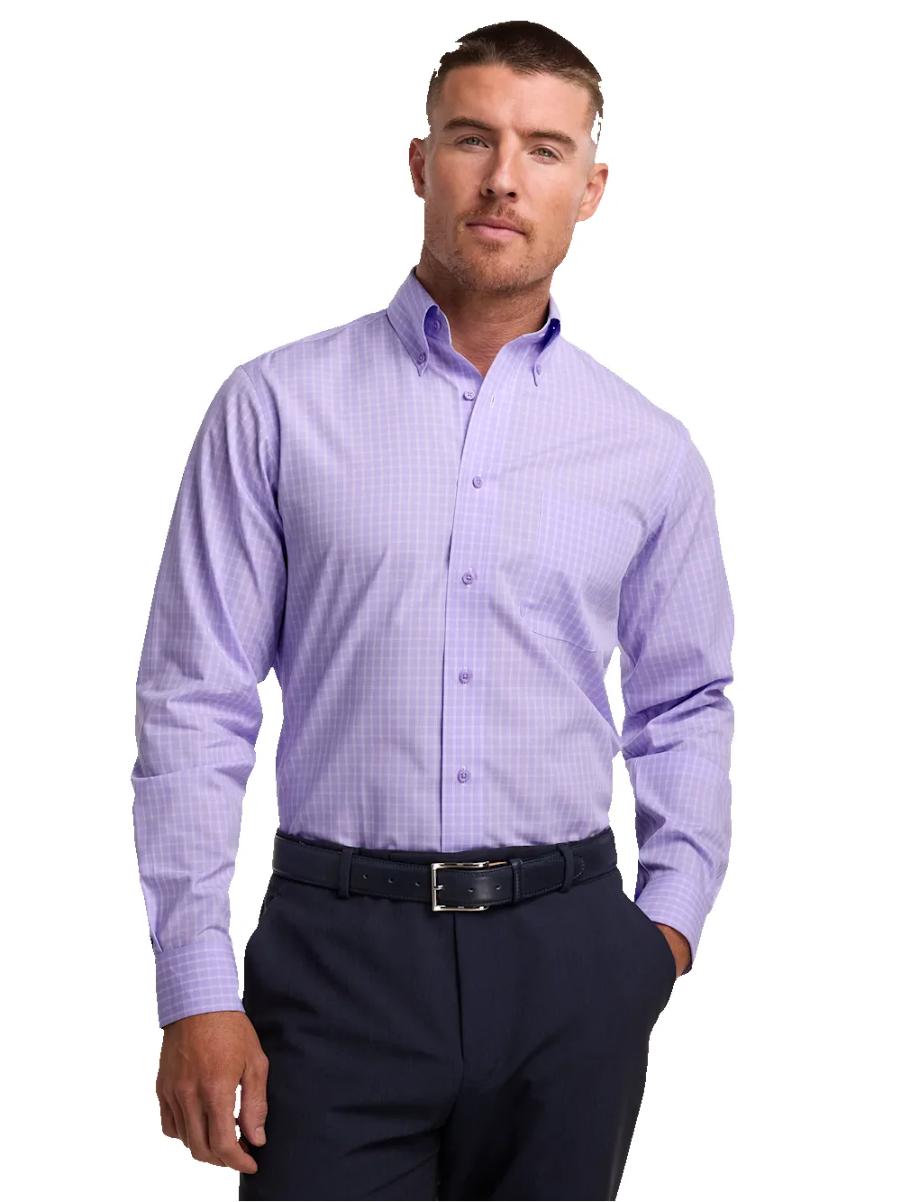 Non-Iron Cotton Check Dress Shirt With Contrast Trim - Purple sold by Paul Fredrick product image thumbnail 2